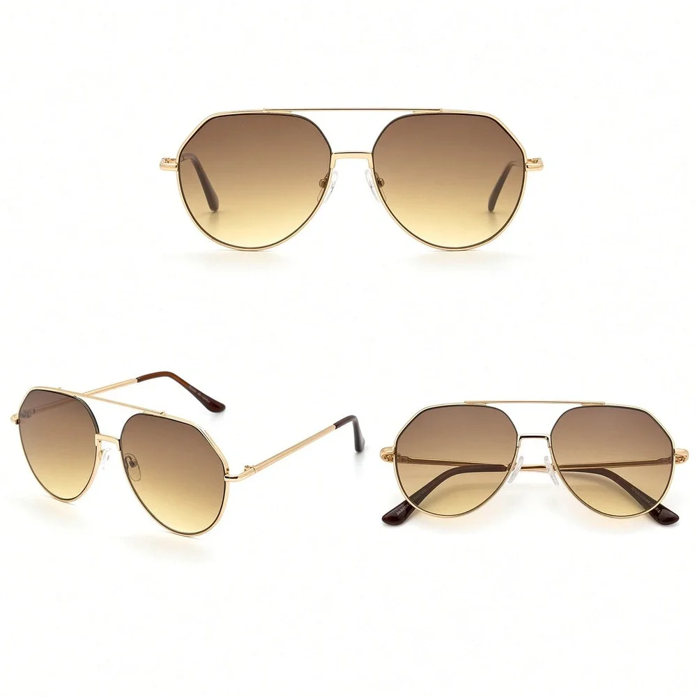 Sunglasses Gold Frame Brown Gradient Lens Fashion‎ Eyewear Pilot Style Flat Lens